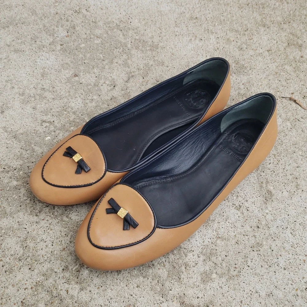 Tory Burch Dakota Maison Bow Leather Loafers Flats Size 8 Designer Neutral